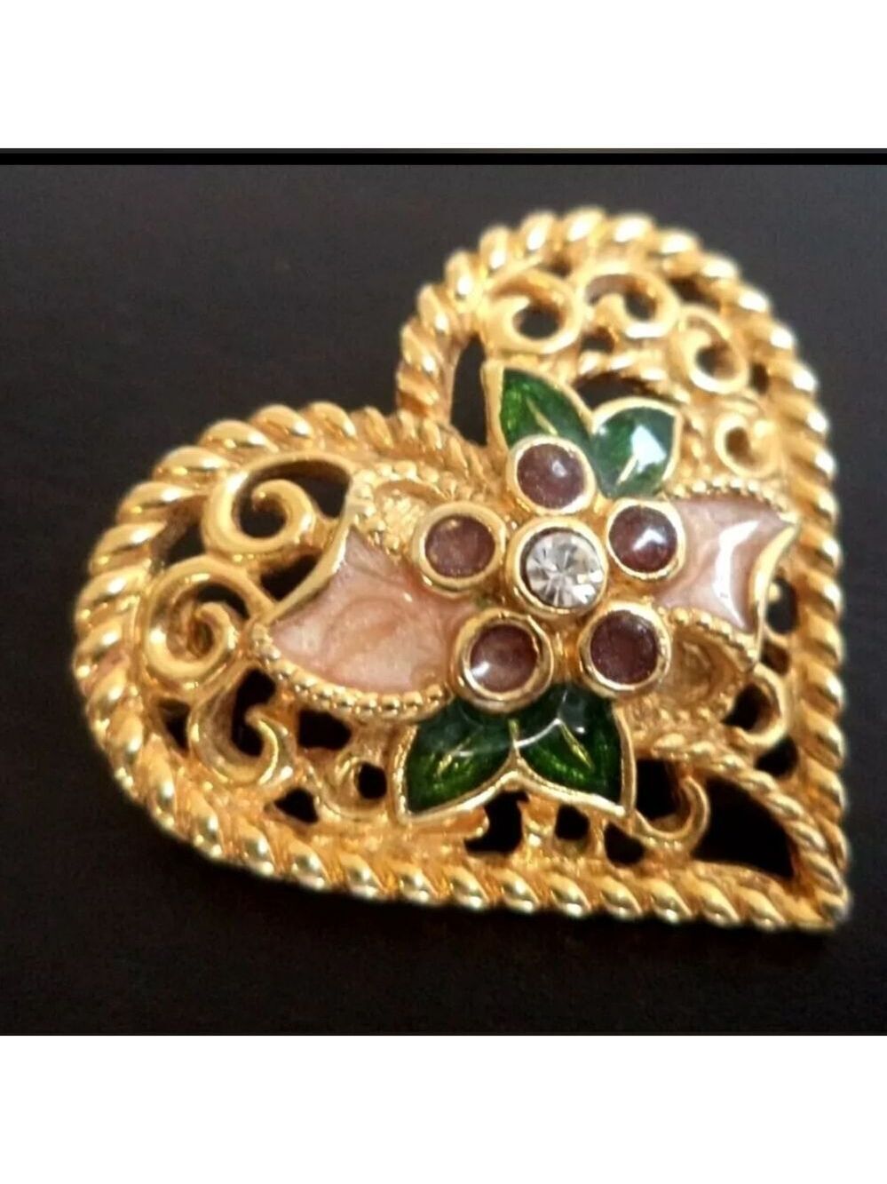 VINTAGE FLOWERED HEART PIN/PENDANT "I LOVE YOU" RHINESTONE & ENAMEL